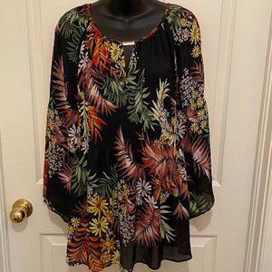 Tropical floral semi-sheer long sleeve tunic